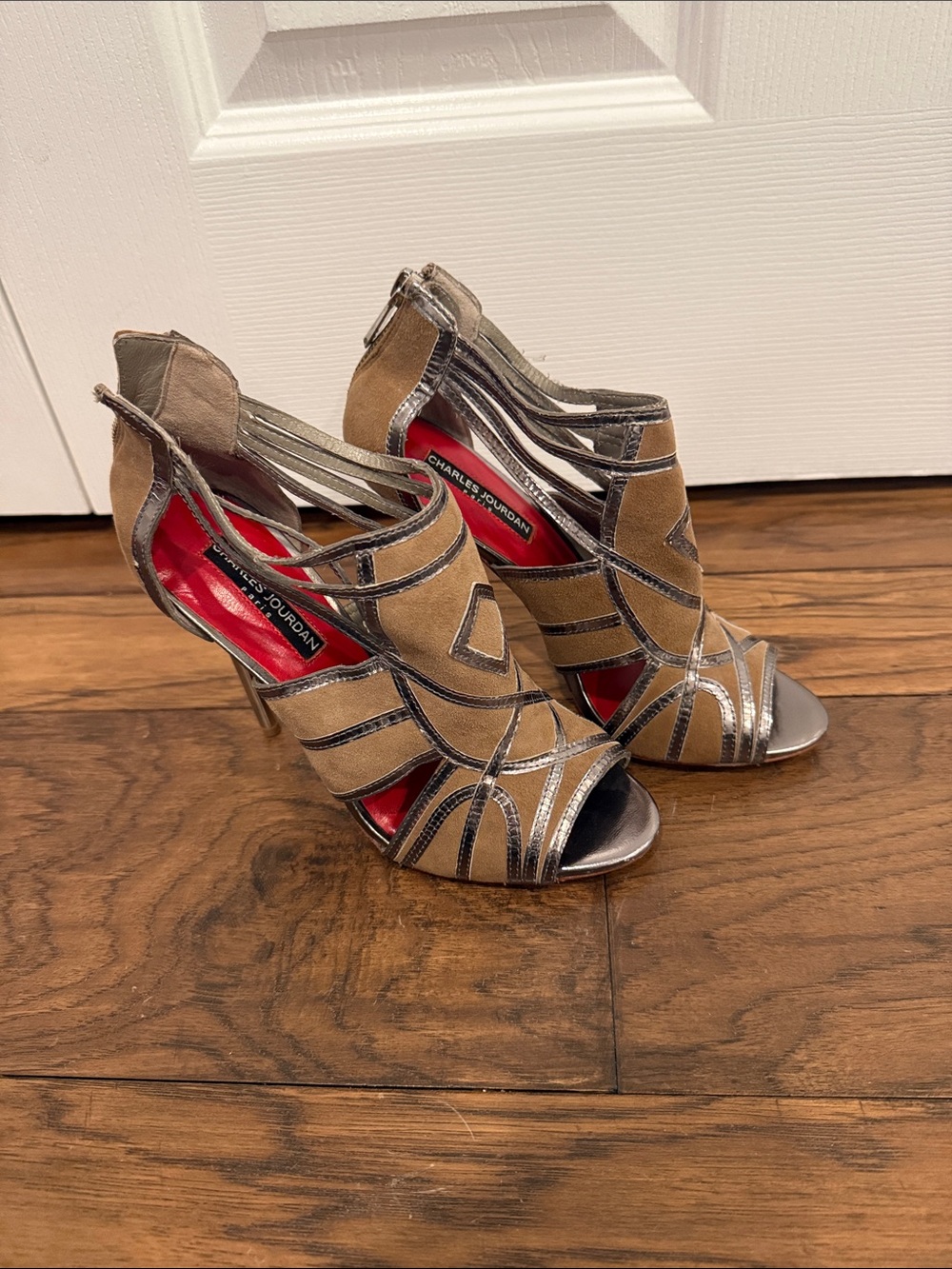 NWOT Charles Jourdan Tan and Silver Strappy Peep-Toe Heels